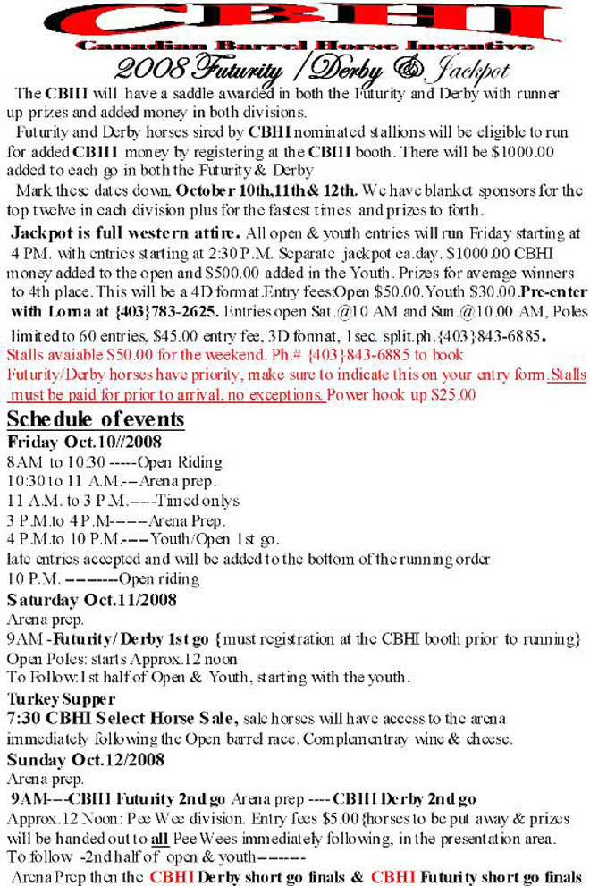 Canadian Barrel Horse Incentive Futurity & Derby - info/schedule